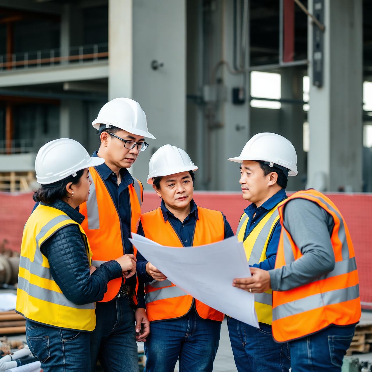 Đội ngũ kỹ sư Tiến Đạt Construction trao đổi bản vẽ tại công trường